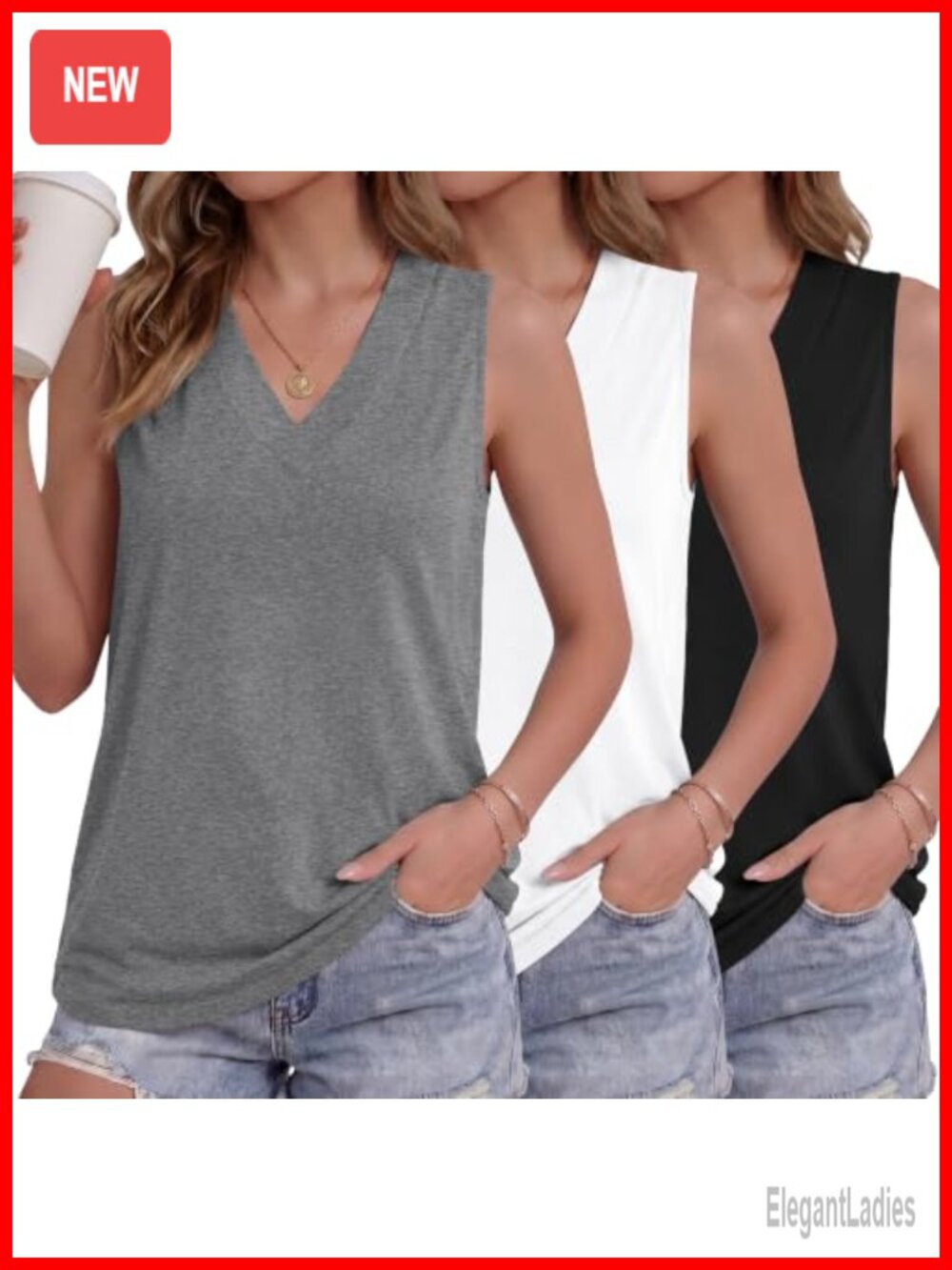 3 Pack Womens Tank Tops V Neck Sleeveless Loose Fit Summer Gym